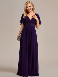 Color=Dark Purple | V Neck Appliques Pleated Wholesale Bridesmaid Dresses-Dark Purple 