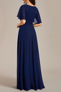 Color=Navy Blue | V Neck Appliques Pleated Wholesale Bridesmaid Dresses-Navy Blue 