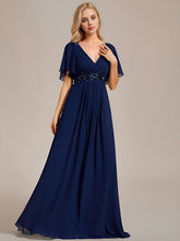 Load image into Gallery viewer, Color=Navy Blue | V Neck Appliques Pleated Wholesale Bridesmaid Dresses-Navy Blue 