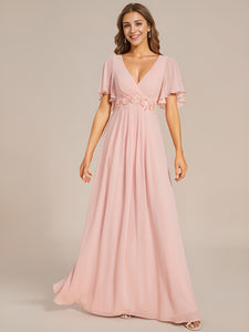 Color=Pink | V Neck Appliques Pleated Wholesale Bridesmaid Dresses-Pink 