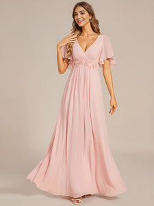 Color=Pink | V Neck Appliques Pleated Wholesale Bridesmaid Dresses-Pink 