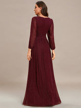Load image into Gallery viewer, Color=Burgundy | Maxi Long Chiffon Waist  V Neck Wholesale Evening Dress with Long Sleeves-Burgundy 2