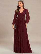 Load image into Gallery viewer, Color=Burgundy | Maxi Long Chiffon Waist  V Neck Wholesale Evening Dress with Long Sleeves-Burgundy 3