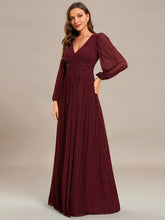 Load image into Gallery viewer, Color=Burgundy | Maxi Long Chiffon Waist  V Neck Wholesale Evening Dress with Long Sleeves-Burgundy 5