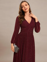 Load image into Gallery viewer, Color=Burgundy | Maxi Long Chiffon Waist  V Neck Wholesale Evening Dress with Long Sleeves-Burgundy 4