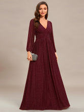 Load image into Gallery viewer, Color=Burgundy | Maxi Long Chiffon Waist  V Neck Wholesale Evening Dress with Long Sleeves-Burgundy 1