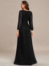 Load image into Gallery viewer, Color=Black | Maxi Long Chiffon Waist  V Neck Wholesale Evening Dress with Long Sleeves-Black 4
