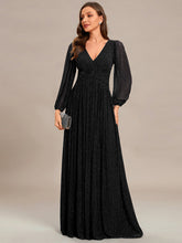 Load image into Gallery viewer, Color=Black | Maxi Long Chiffon Waist  V Neck Wholesale Evening Dress with Long Sleeves-Black 1