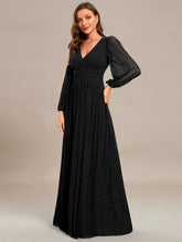 Load image into Gallery viewer, Color=Black | Maxi Long Chiffon Waist  V Neck Wholesale Evening Dress with Long Sleeves-Black 3