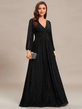Load image into Gallery viewer, Color=Black | Maxi Long Chiffon Waist  V Neck Wholesale Evening Dress with Long Sleeves-Black 5