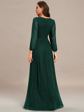Load image into Gallery viewer, Color=Dark Green | Maxi Long Chiffon Waist  V Neck Wholesale Evening Dress with Long Sleeves-Dark Green  5