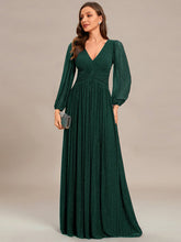 Load image into Gallery viewer, Color=Dark Green | Maxi Long Chiffon Waist  V Neck Wholesale Evening Dress with Long Sleeves-Dark Green  1