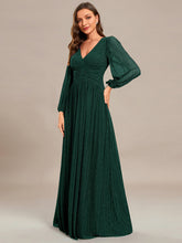 Load image into Gallery viewer, Color=Dark Green | Maxi Long Chiffon Waist  V Neck Wholesale Evening Dress with Long Sleeves-Dark Green  2
