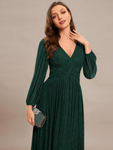 Load image into Gallery viewer, Color=Dark Green | Maxi Long Chiffon Waist  V Neck Wholesale Evening Dress with Long Sleeves-Dark Green  4