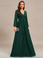 Load image into Gallery viewer, Color=Dark Green | Maxi Long Chiffon Waist  V Neck Wholesale Evening Dress with Long Sleeves-Dark Green  3