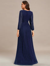 Load image into Gallery viewer, Color=Navy Blue | Maxi Long Chiffon Waist  V Neck Wholesale Evening Dress with Long Sleeves-Navy Blue 2