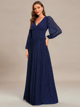 Load image into Gallery viewer, Color=Navy Blue | Maxi Long Chiffon Waist  V Neck Wholesale Evening Dress with Long Sleeves-Navy Blue 1