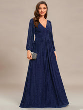 Load image into Gallery viewer, Color=Navy Blue | Maxi Long Chiffon Waist  V Neck Wholesale Evening Dress with Long Sleeves-Navy Blue 5