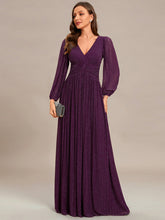 Load image into Gallery viewer, Color=Purple Wisteria | Maxi Long Chiffon Waist  V Neck Wholesale Evening Dress with Long Sleeves-Purple Wisteria 3