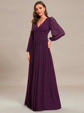 Load image into Gallery viewer, Color=Purple Wisteria | Maxi Long Chiffon Waist  V Neck Wholesale Evening Dress with Long Sleeves-Purple Wisteria 4