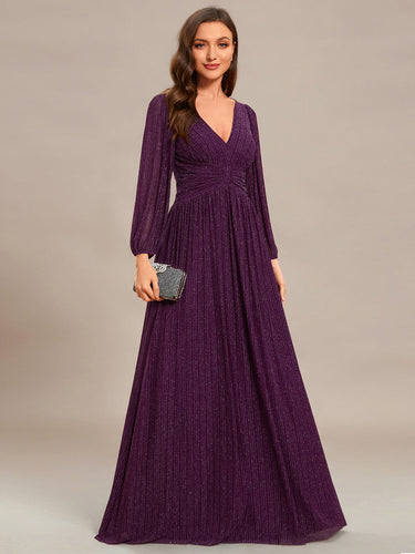 Color=Purple Wisteria | Maxi Long Chiffon Waist  V Neck Wholesale Evening Dress with Long Sleeves-Purple Wisteria 1