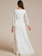 Load image into Gallery viewer, Color=White | Maxi Long Chiffon Waist  V Neck Wholesale Evening Dress with Long Sleeves-White 2