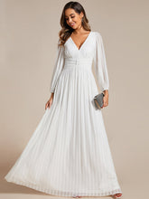 Load image into Gallery viewer, Color=White | Maxi Long Chiffon Waist  V Neck Wholesale Evening Dress with Long Sleeves-White 1