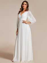 Load image into Gallery viewer, Color=White | Maxi Long Chiffon Waist  V Neck Wholesale Evening Dress with Long Sleeves-White 3