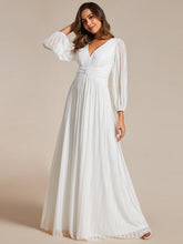 Load image into Gallery viewer, Color=White | Maxi Long Chiffon Waist  V Neck Wholesale Evening Dress with Long Sleeves-White 5