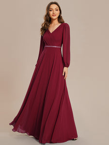 Color=Burgundy | Elegant waisted chiffon V-neck long sleeve guest dress wholesale-Burgundy 