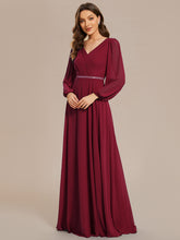 Load image into Gallery viewer, Color=Burgundy | Elegant waisted chiffon V-neck long sleeve guest dress wholesale-Burgundy 