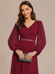 Color=Burgundy | Elegant waisted chiffon V-neck long sleeve guest dress wholesale-Burgundy 