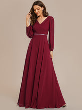 Load image into Gallery viewer, Color=Burgundy | Elegant waisted chiffon V-neck long sleeve guest dress wholesale-Burgundy 