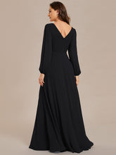 Load image into Gallery viewer, Color=Black | Elegant waisted chiffon V-neck long sleeve guest dress wholesale-Black 