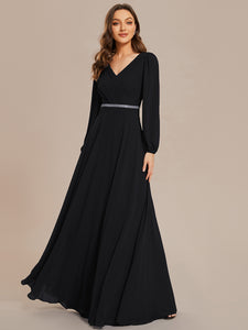 Color=Black | Elegant waisted chiffon V-neck long sleeve guest dress wholesale-Black 