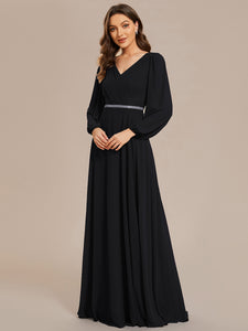 Color=Black | Elegant waisted chiffon V-neck long sleeve guest dress wholesale-Black 