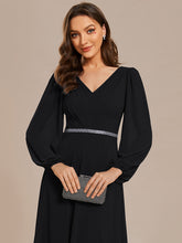 Load image into Gallery viewer, Color=Black | Elegant waisted chiffon V-neck long sleeve guest dress wholesale-Black 