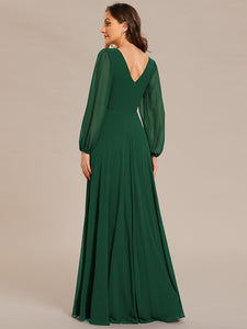 Color=Dark Green | Elegant waisted chiffon V-neck long sleeve guest dress wholesale-Dark Green 