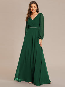 Color=Dark Green | Elegant waisted chiffon V-neck long sleeve guest dress wholesale-Dark Green 
