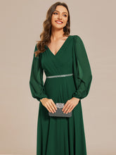 Load image into Gallery viewer, Color=Dark Green | Elegant waisted chiffon V-neck long sleeve guest dress wholesale-Dark Green 