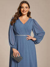 Load image into Gallery viewer, Plus Elegant waisted chiffon V-neck long sleeve guest dress wholesale#Color_Dusty Navy