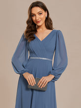 Load image into Gallery viewer, Color=Dusty Navy | Elegant waisted chiffon V-neck long sleeve guest dress wholesale-Dusty Navy 3