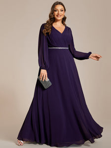 Plus Elegant waisted chiffon V-neck long sleeve guest dress wholesale#Color_Dark Purple