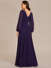 Load image into Gallery viewer, Color=Dark Purple | Elegant waisted chiffon V-neck long sleeve guest dress wholesale-Dark Purple 14