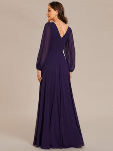 Color=Dark Purple | Elegant waisted chiffon V-neck long sleeve guest dress wholesale-Dark Purple 14