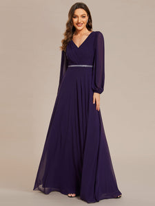 Color=Dark Purple | Elegant waisted chiffon V-neck long sleeve guest dress wholesale-Dark Purple 17