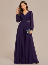 Load image into Gallery viewer, Color=Dark Purple | Elegant waisted chiffon V-neck long sleeve guest dress wholesale-Dark Purple 15