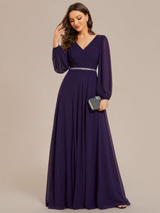 Color=Dark Purple | Elegant waisted chiffon V-neck long sleeve guest dress wholesale-Dark Purple 15