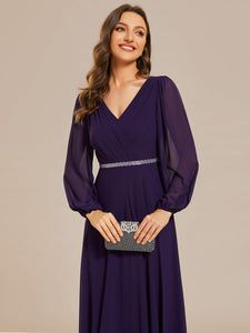 Color=Dark Purple | Elegant waisted chiffon V-neck long sleeve guest dress wholesale-Dark Purple 16