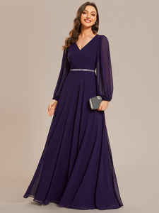 Color=Dark Purple | Elegant waisted chiffon V-neck long sleeve guest dress wholesale-Dark Purple 13